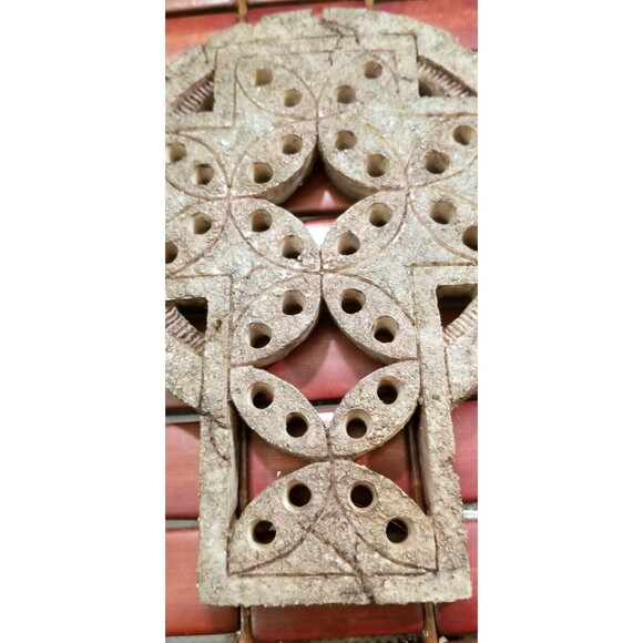 Vintage Gray Distressed Stone-Look Celtic Cross with Geometric Pattern 7.25"x6" - Picture 2 of 3